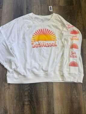 Old Navy White Crewneck Sweatshirt with Yellow & Coral Sun Graphic